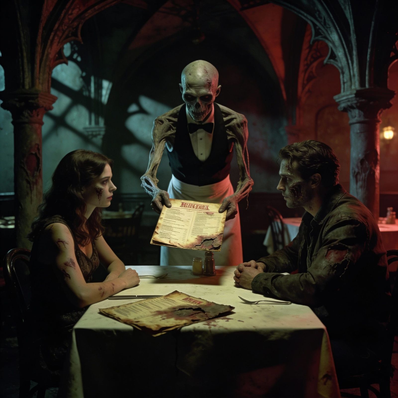 Zombie Restaurant Scene with Gothic Horror Atmosphere