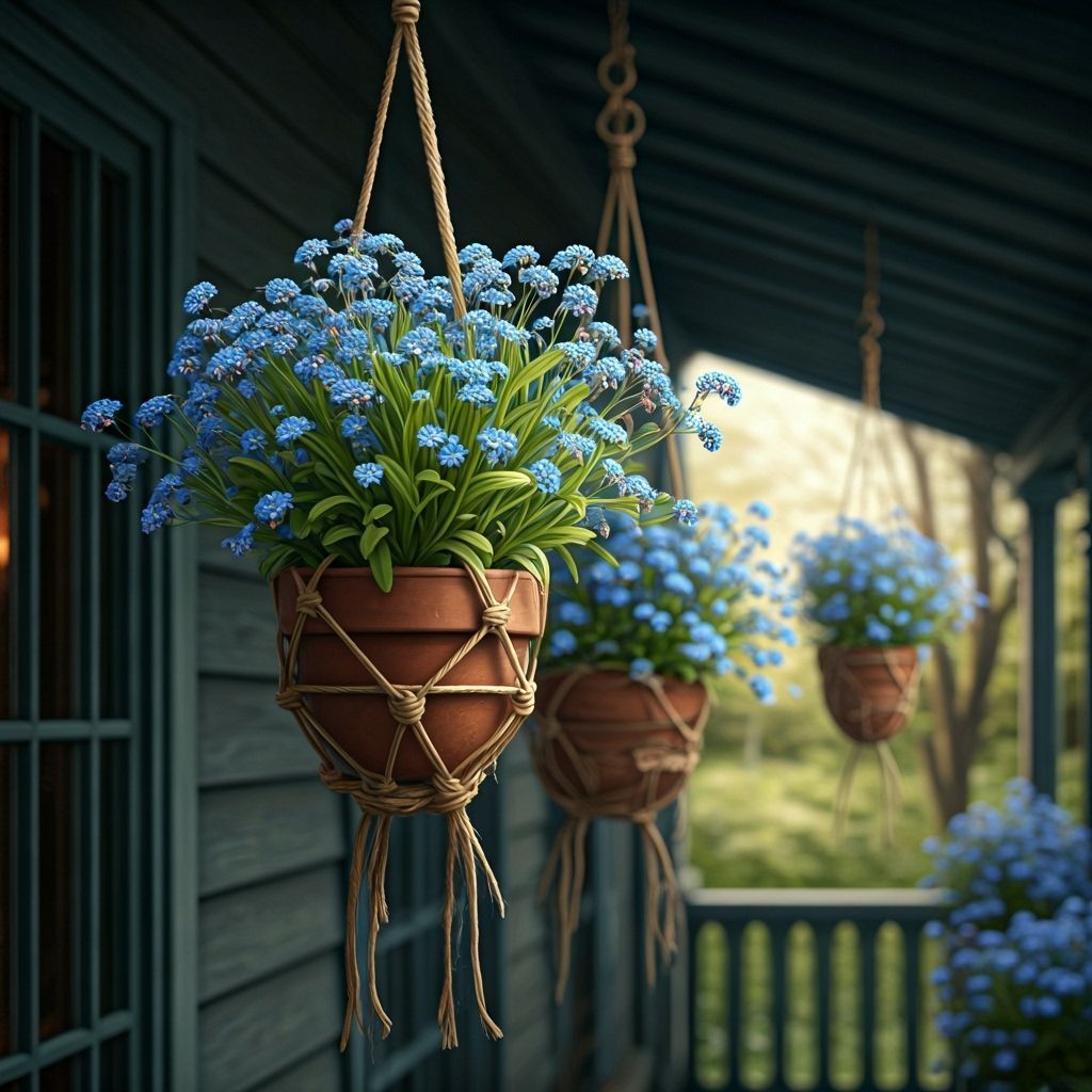 Forget-Me-Not Flowers Bloom in Hockey Helmet Flowerpots