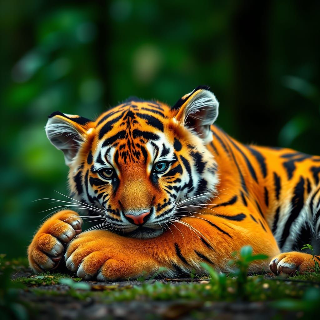 Resting Baby Tiger in Lush Green Forest