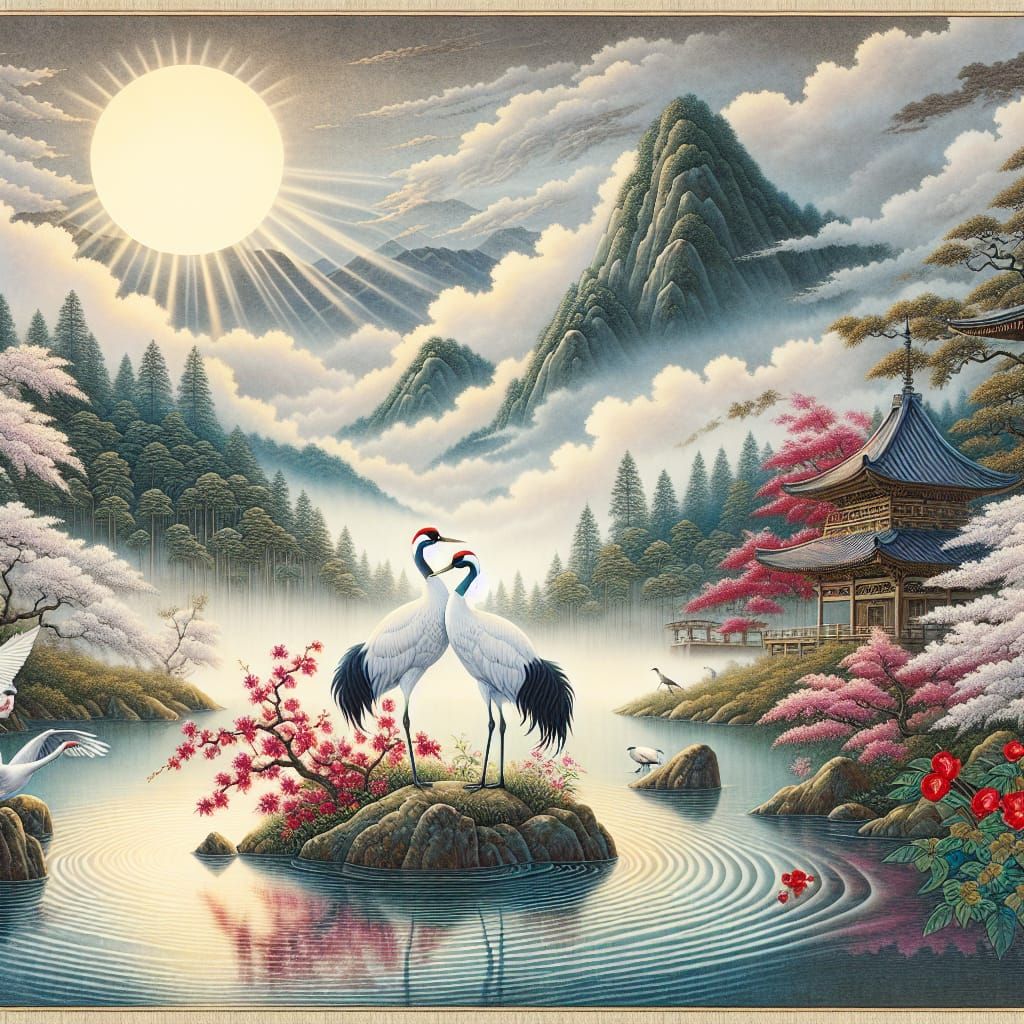 Mates two elegant cranes with entwined necks