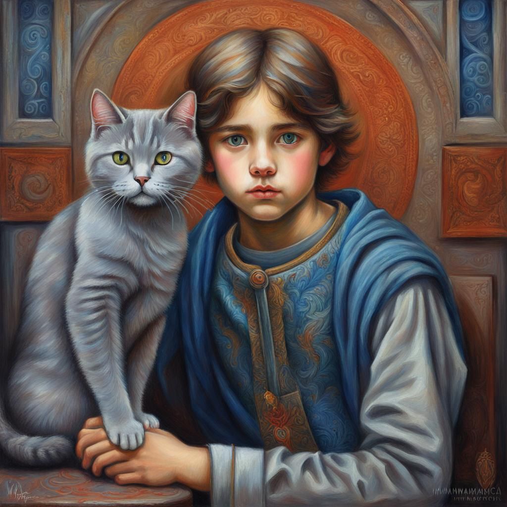 Boy and Gray Cat in Classical Portrait