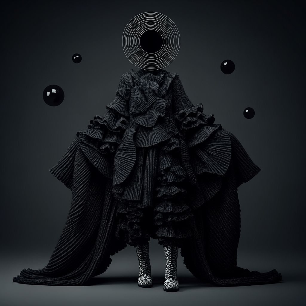 A full-length studio shot of an abstract, avant-garde figure