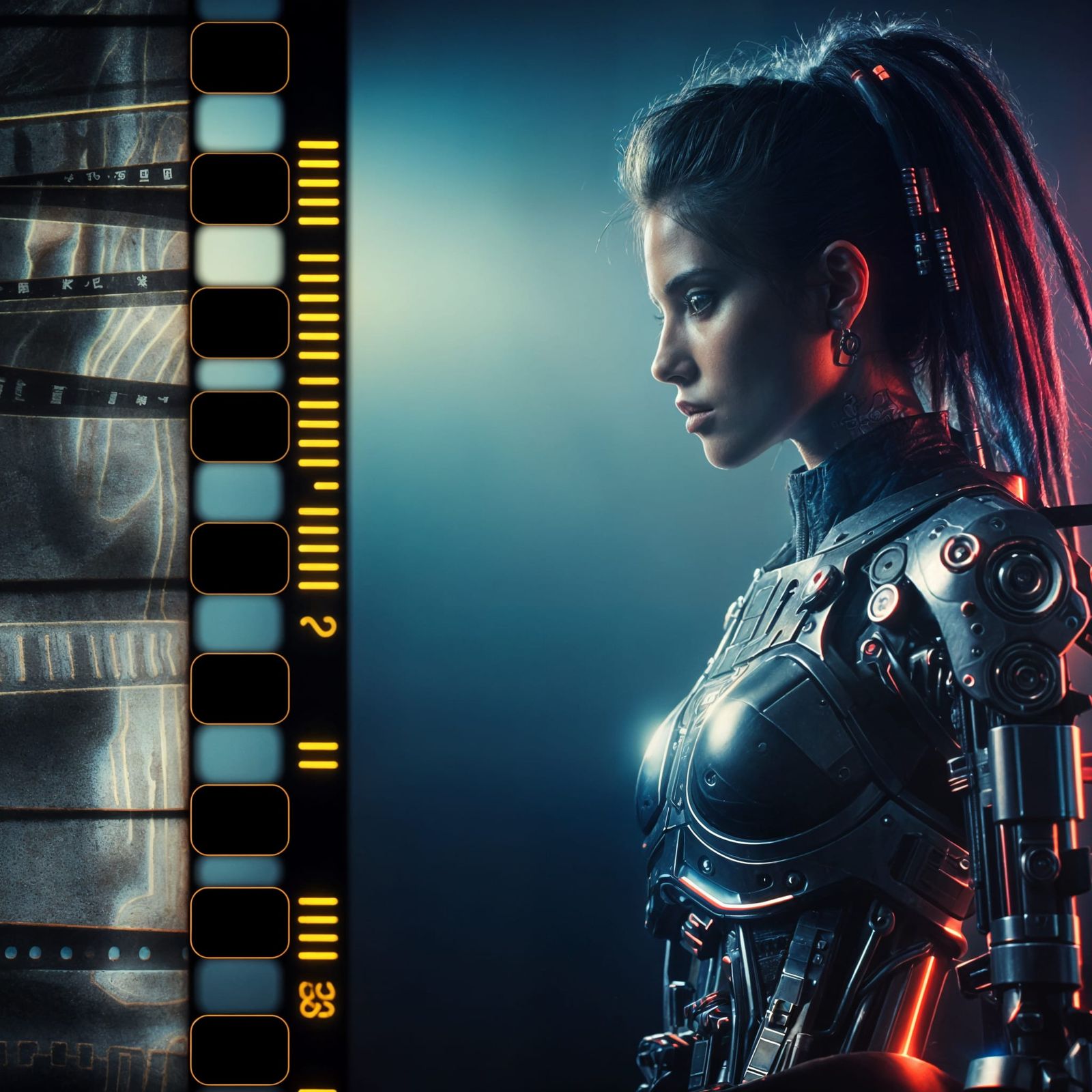 Cinematic Cyberpunk Woman with Film Grain Effect