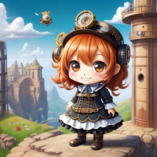 Chibi Character with Steampunk Engine and Delightful Graphic...