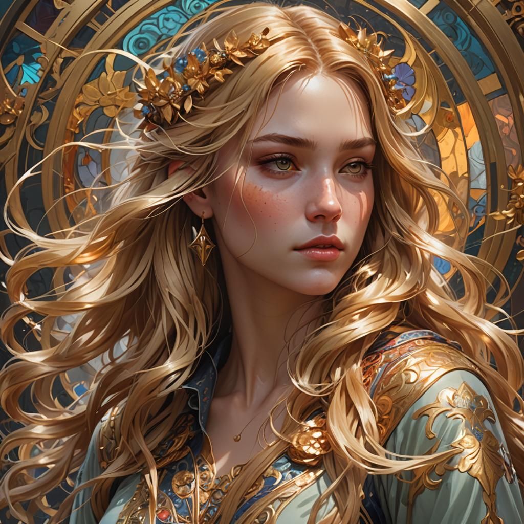 Golden-Haired Girl: Hyperdetailed Art Nouveau Portrait