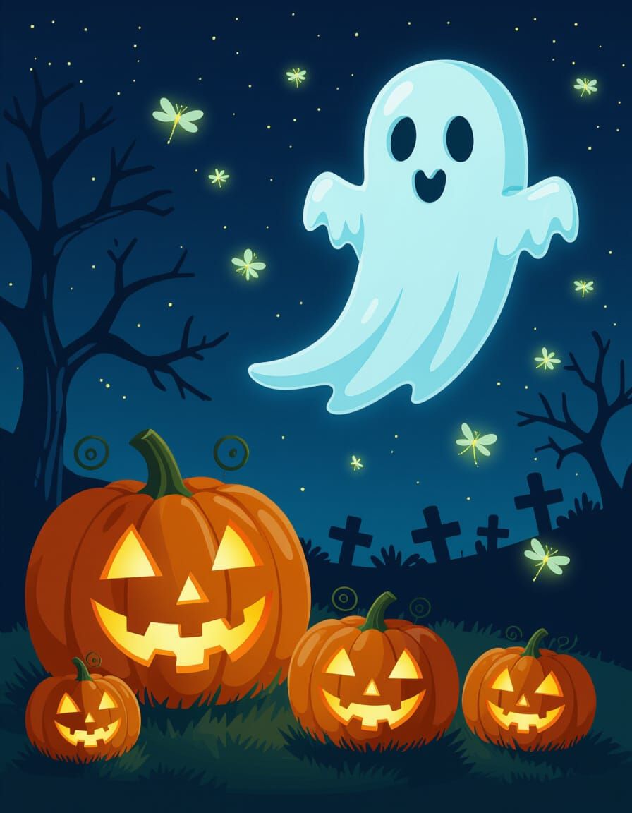 Glowing Ghost Flight Over Pumpkins at Night