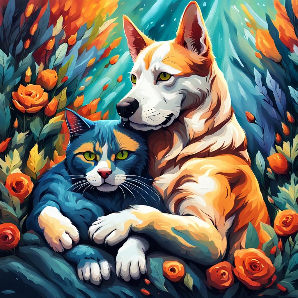 Dog Hugging Cat: Colorful Neo-Impressionist Style