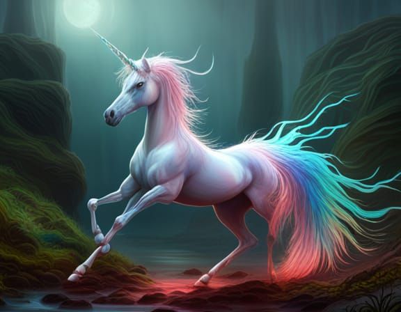 Rainbow Unicorn with Feathered Wings, Detailed Fantasy Art