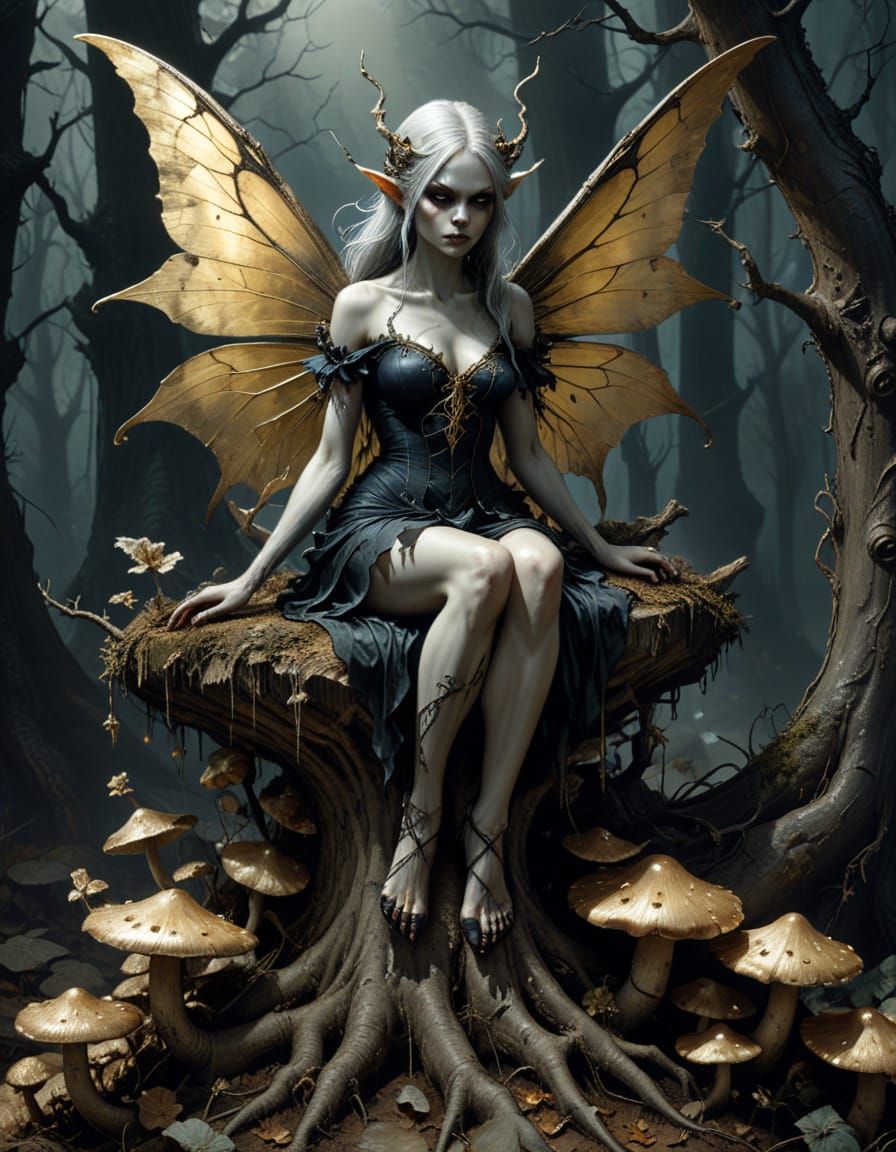 Evil Fairy on Mushroom in Gothic Dark Fantasy Art