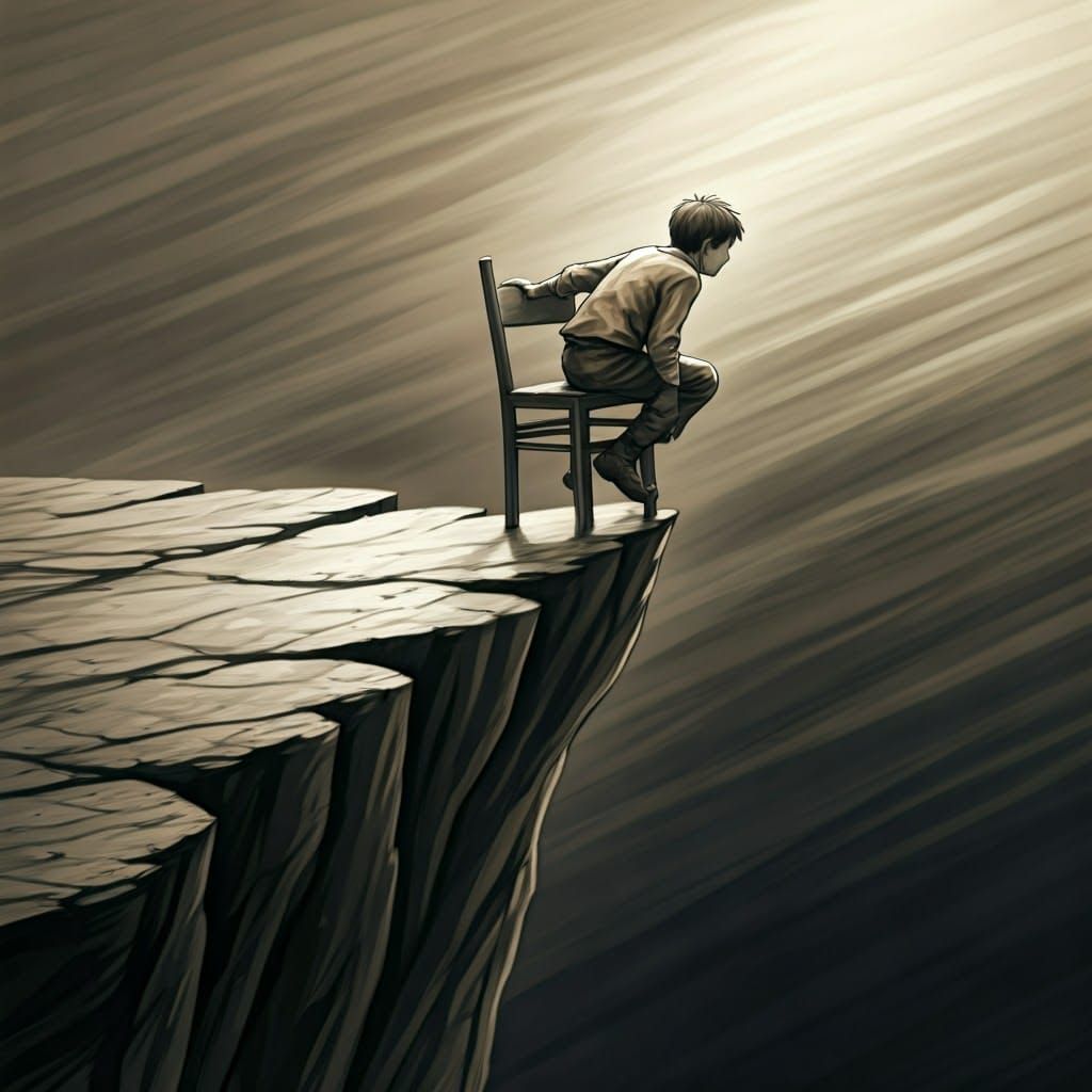 Boy Teeters on Edge of Cliff in Moody Charcoal Sketch