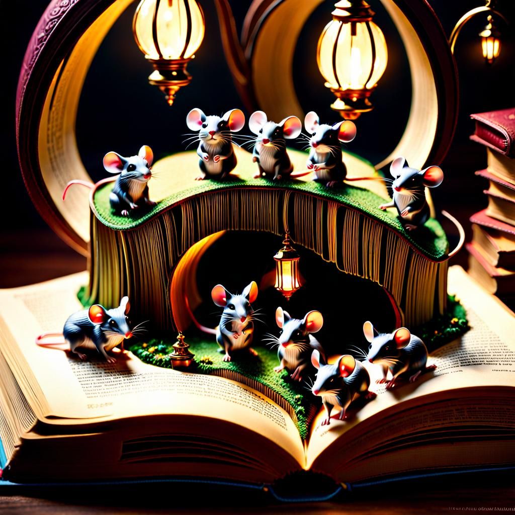 Miniature Mice Wonderland Emerging from Fantasy Book