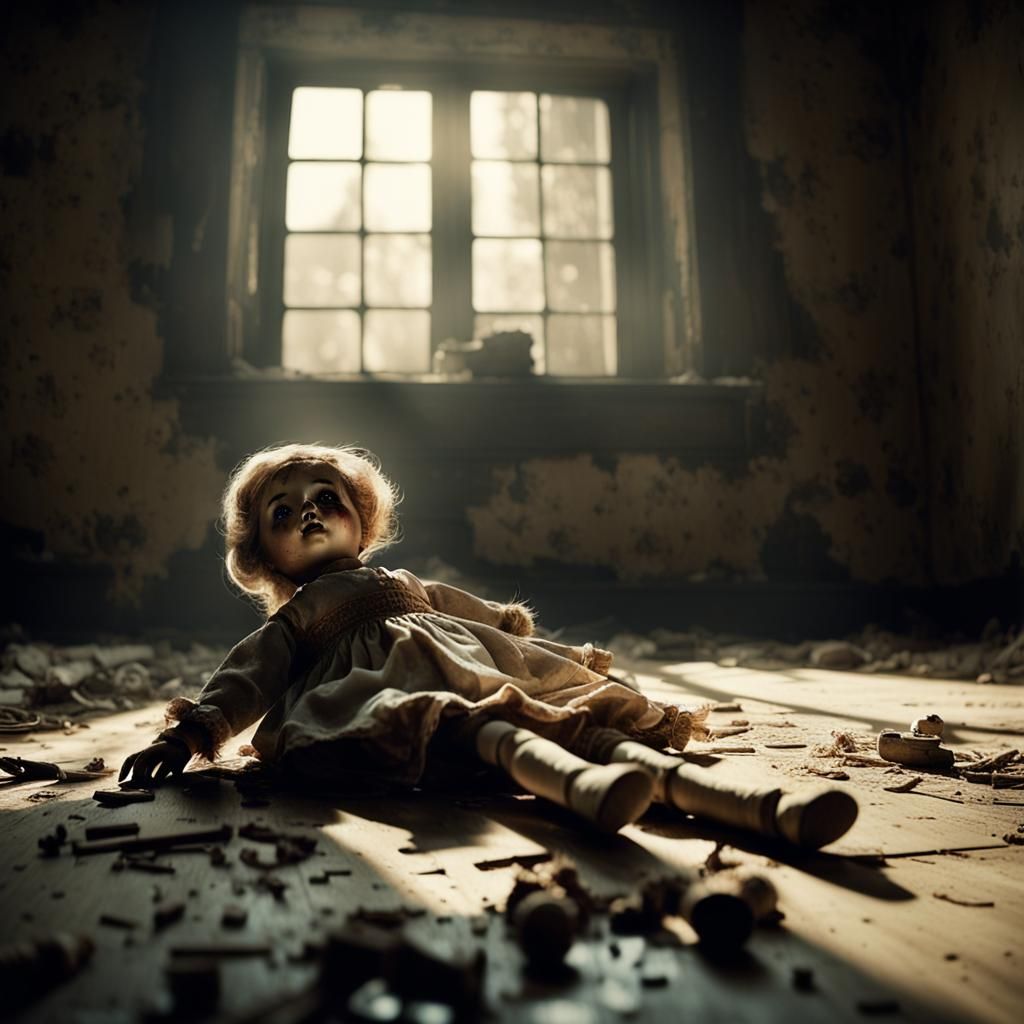 Eerie Old Doll in Decayed House: Cinematic Still