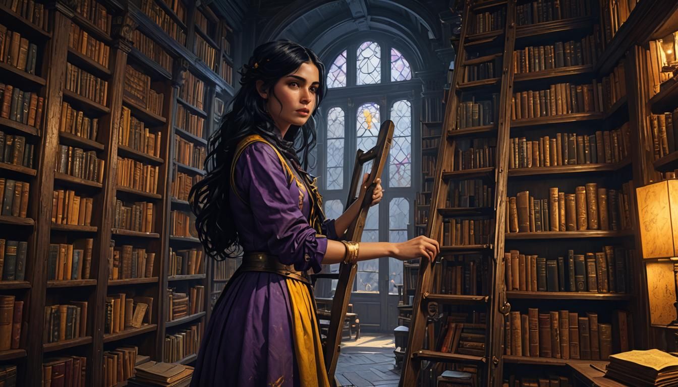 Black-Haired Girl on Ladder: Dark Fantasy Concept Art