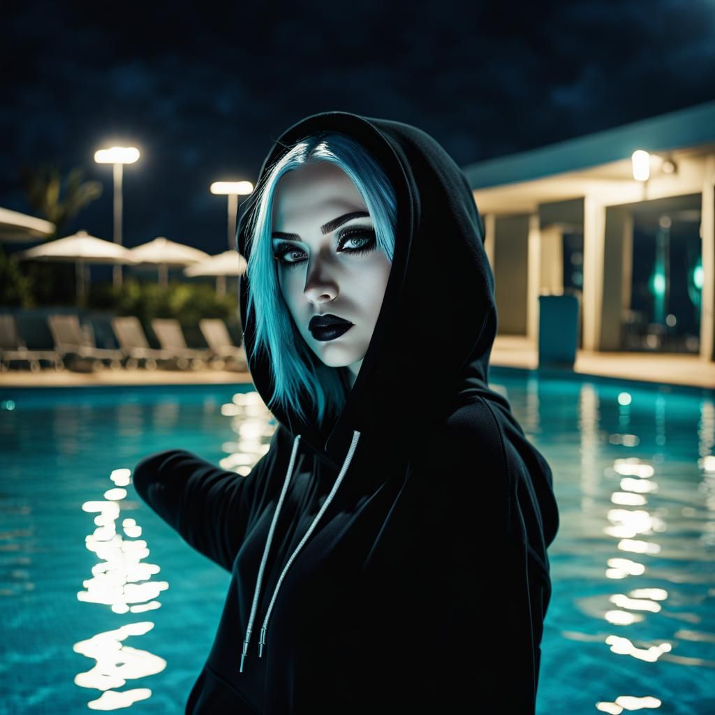 Anime Goth Girl at Night Pool Party