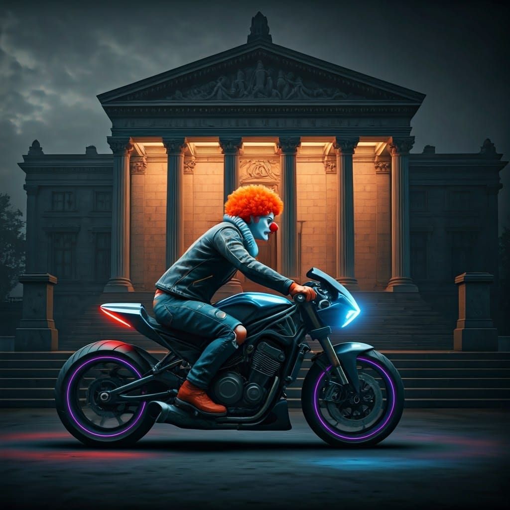 Clown on Motorcycle Rides Toward Renaissance Bank