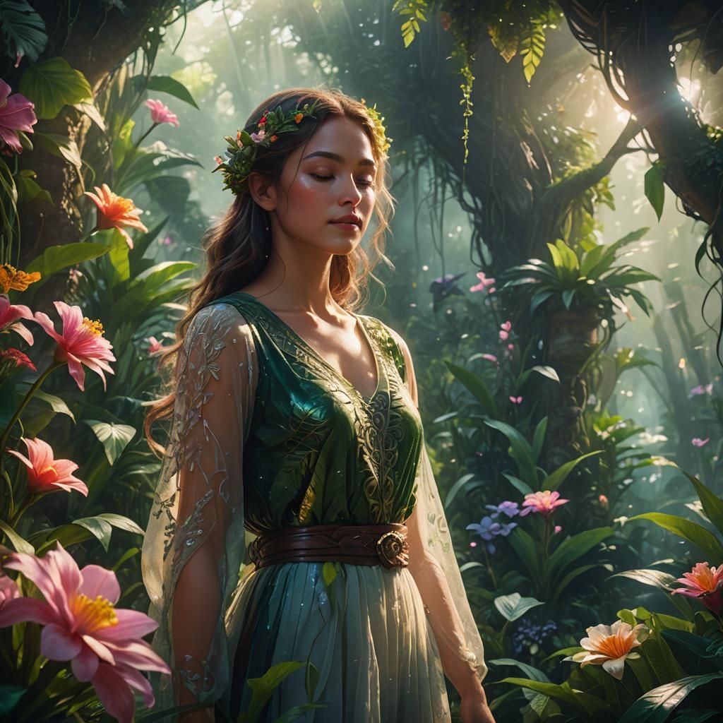 Dreamy Fantasy Landscape with Smiling Woman