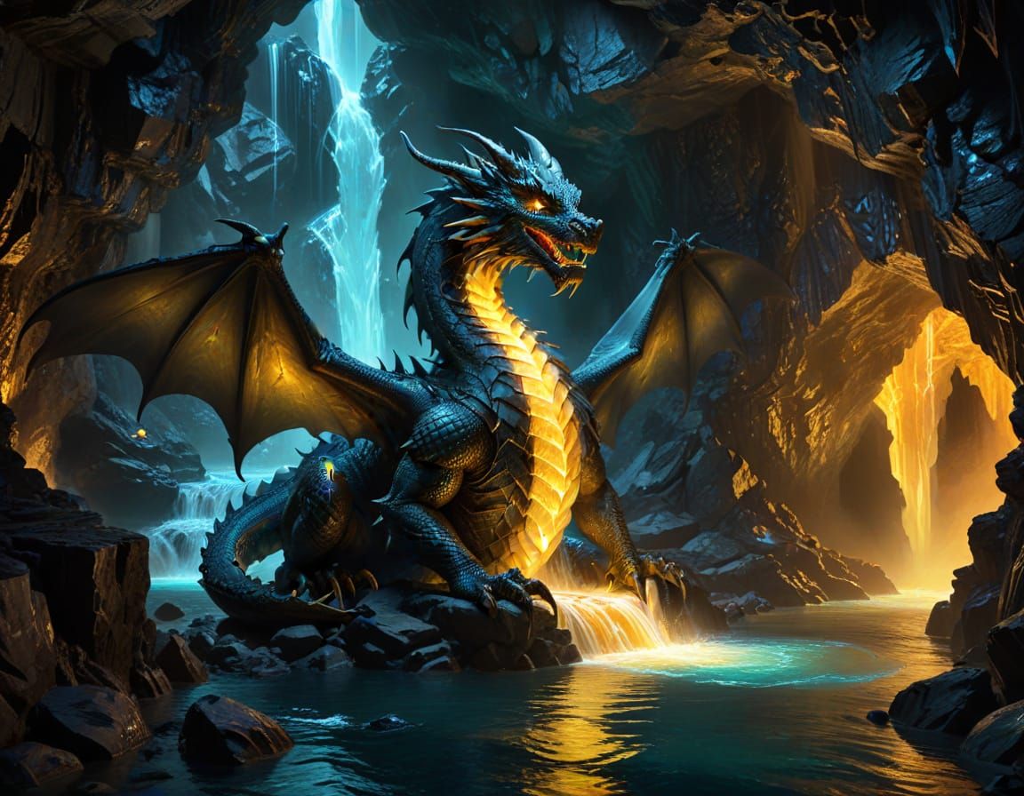 Obsidian Dragon Guarding Crystal in Mystical Cavern