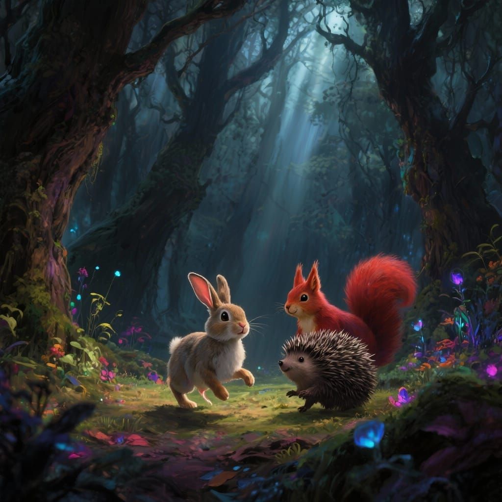 Mystical Forest Friends: Bunny, Squirrel, Hedgehog in Dark F...
