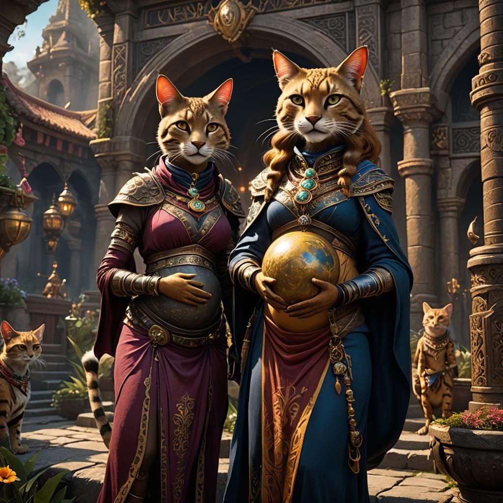 Fantasy Pregnant Tabaxi Women in Detailed Matte Painting