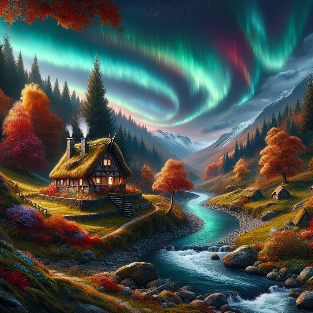 Autumn Cottage Under Northern Lights, Matte Painting