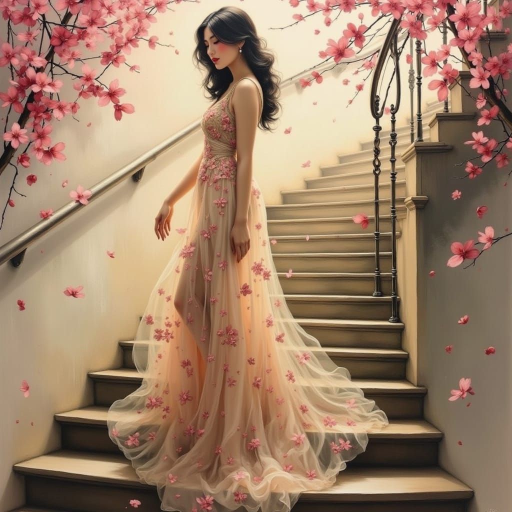 Impressionist Oil Painting of Elegant Woman Descending Stair...