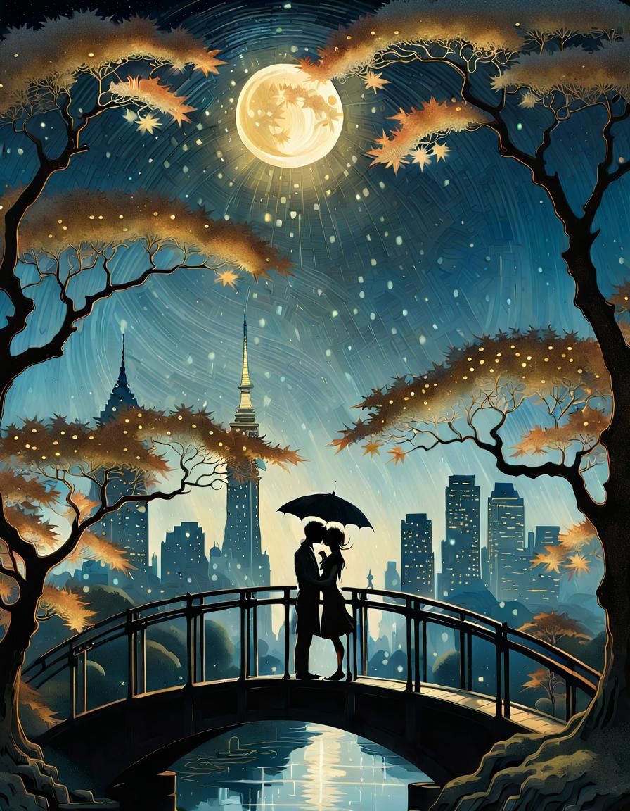 Starry Night Kiss: Double Exposure in Neo-Impressionist Styl...