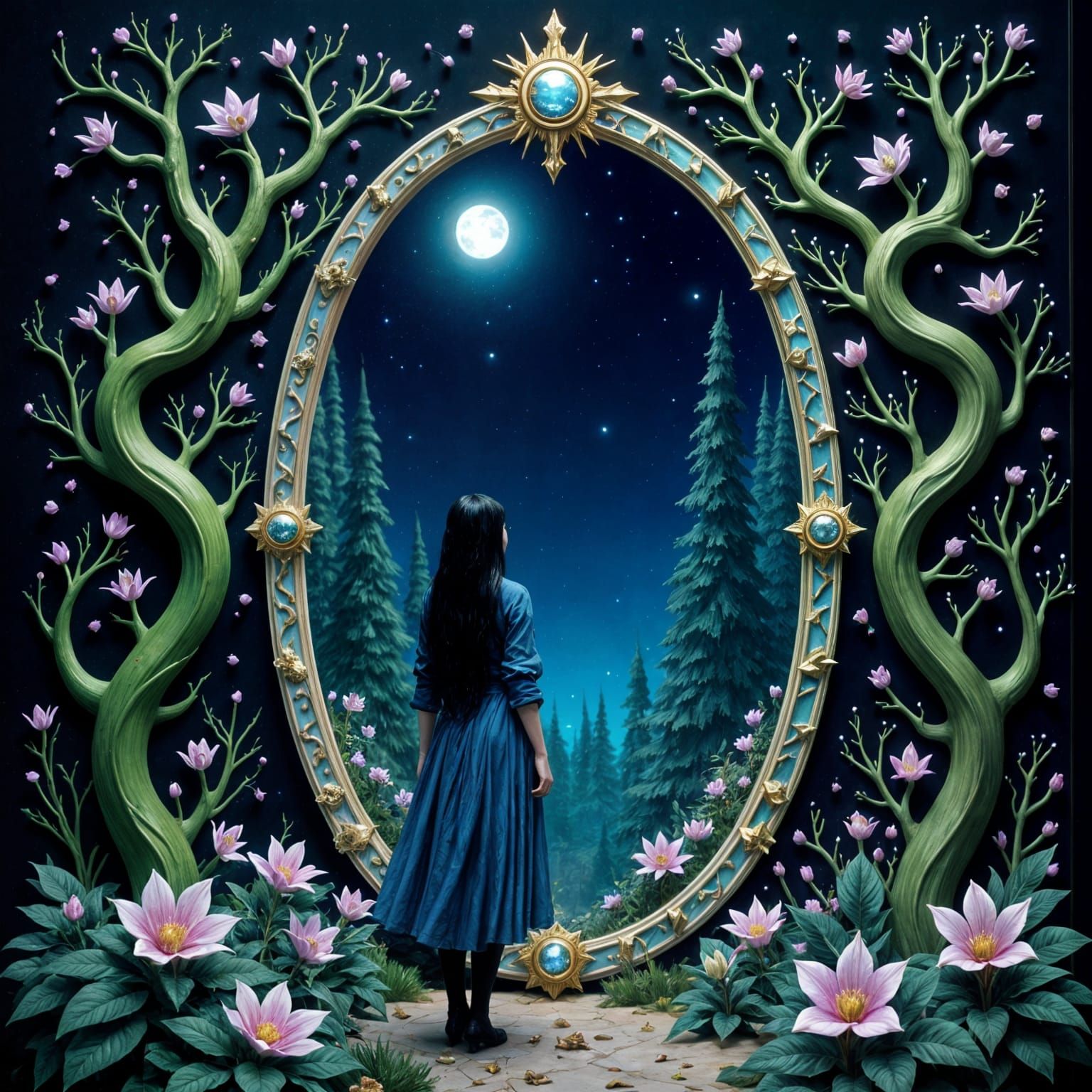 Midnight Cosmic Portal with Falling Stars and Flora