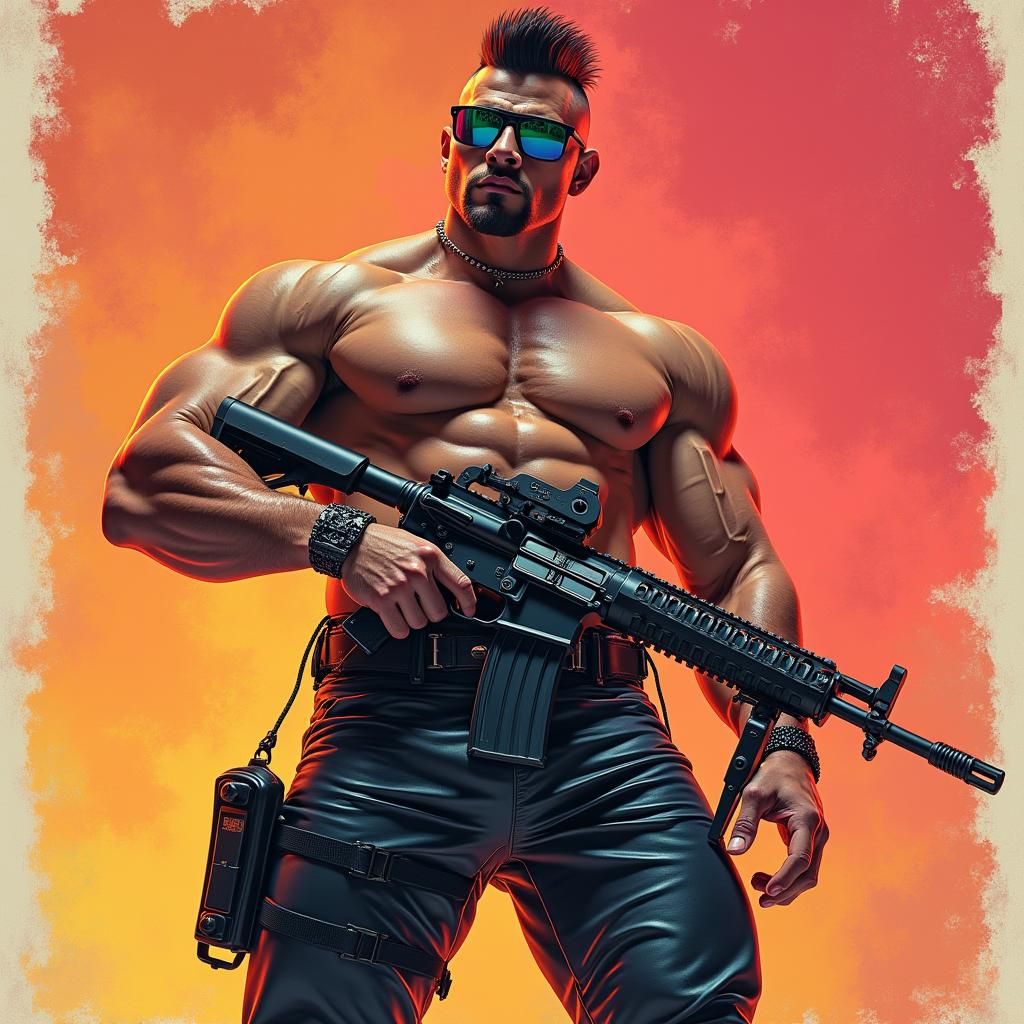 Synthwave Poster Art of a Muscular Bodybuilder