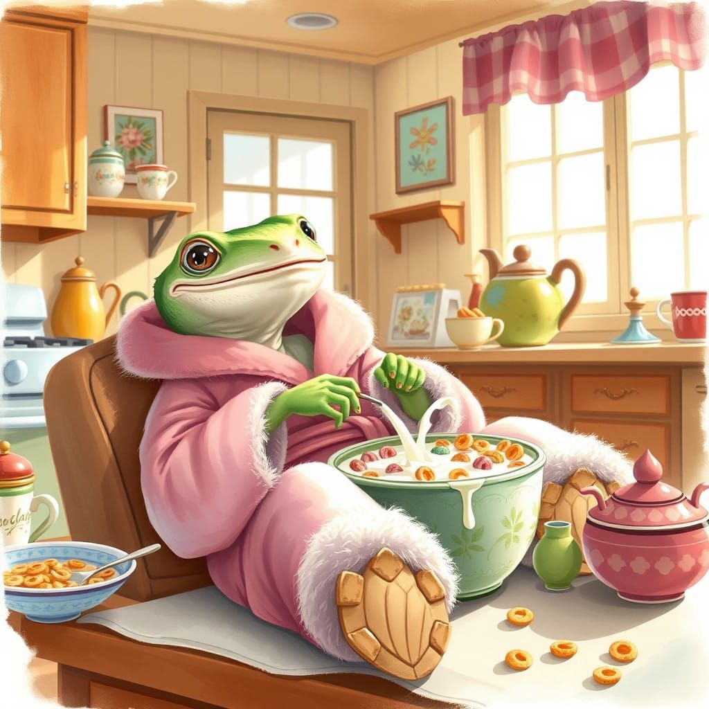 Charming Gecko in Cozy Bathrobe Savoring Cereal on Whimsical...