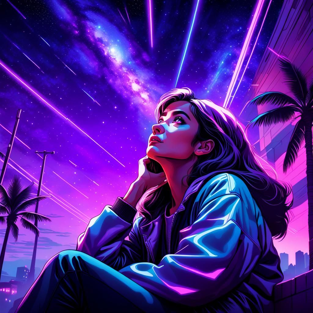 Woman Gazing at Stars in Synthwave Neon Style