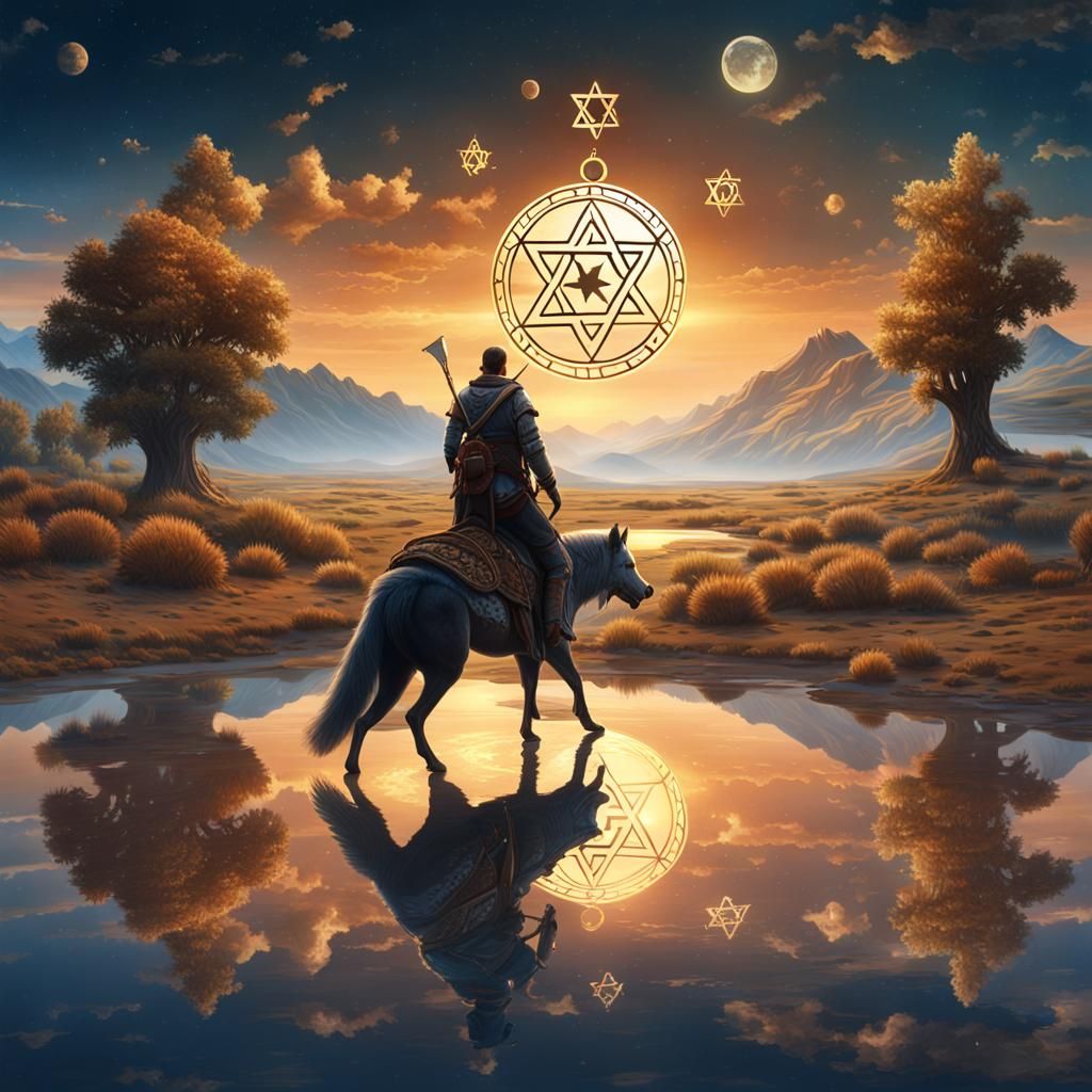 Steppe Horseman, Wolf, and Star of David Reflection