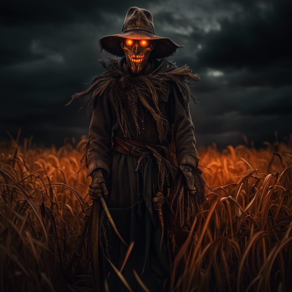Evil Scarecrow with Glowing Eyes in Hyperrealism