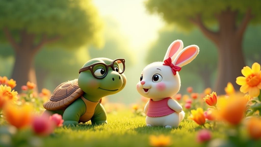Pixar-Style Forest Scene: Tortoise and Rabbit Friends