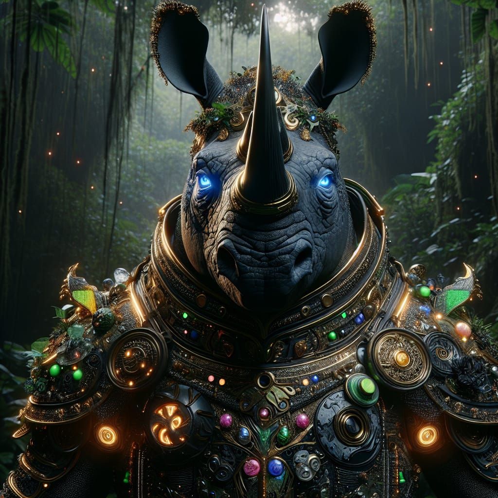 Rhinoceros in Golden Armor, Hyperrealistic Digital Art