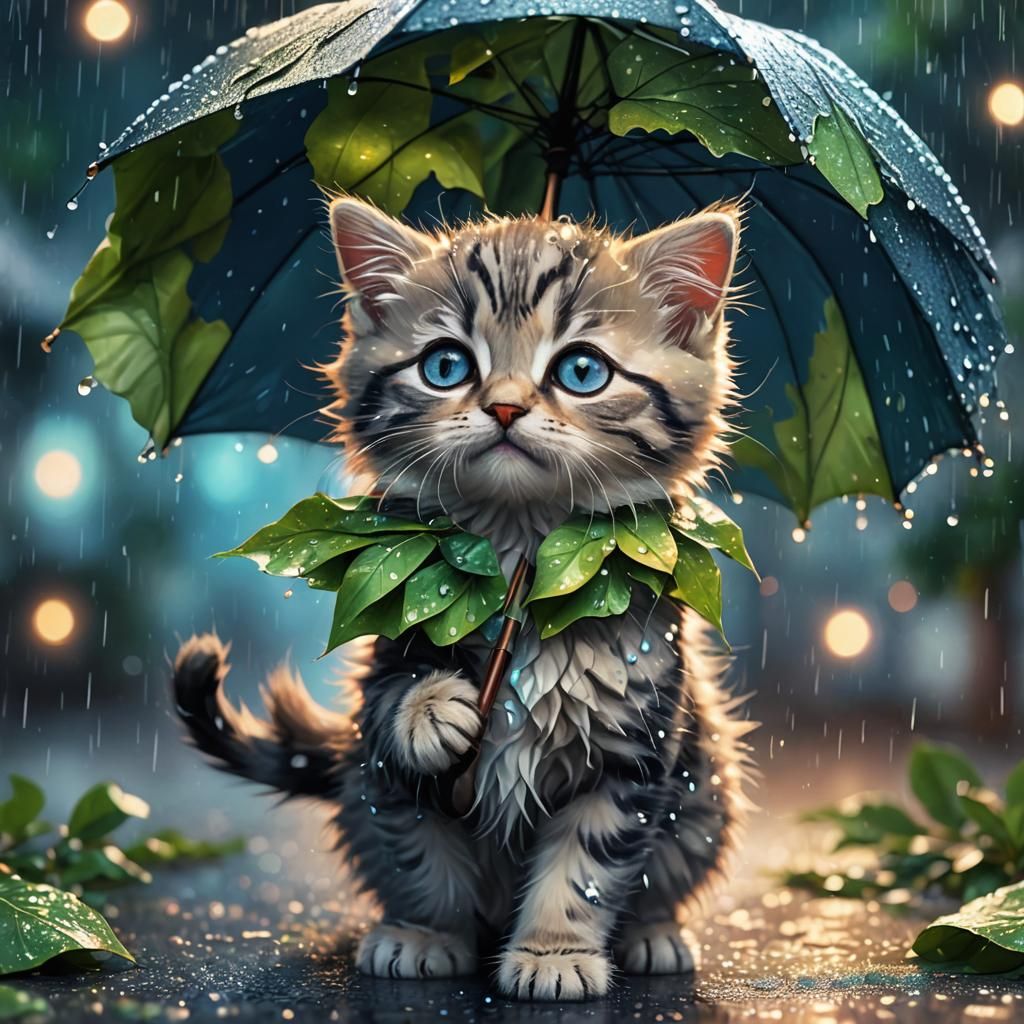Kitten with Leafy Umbrella in Digital Artwork