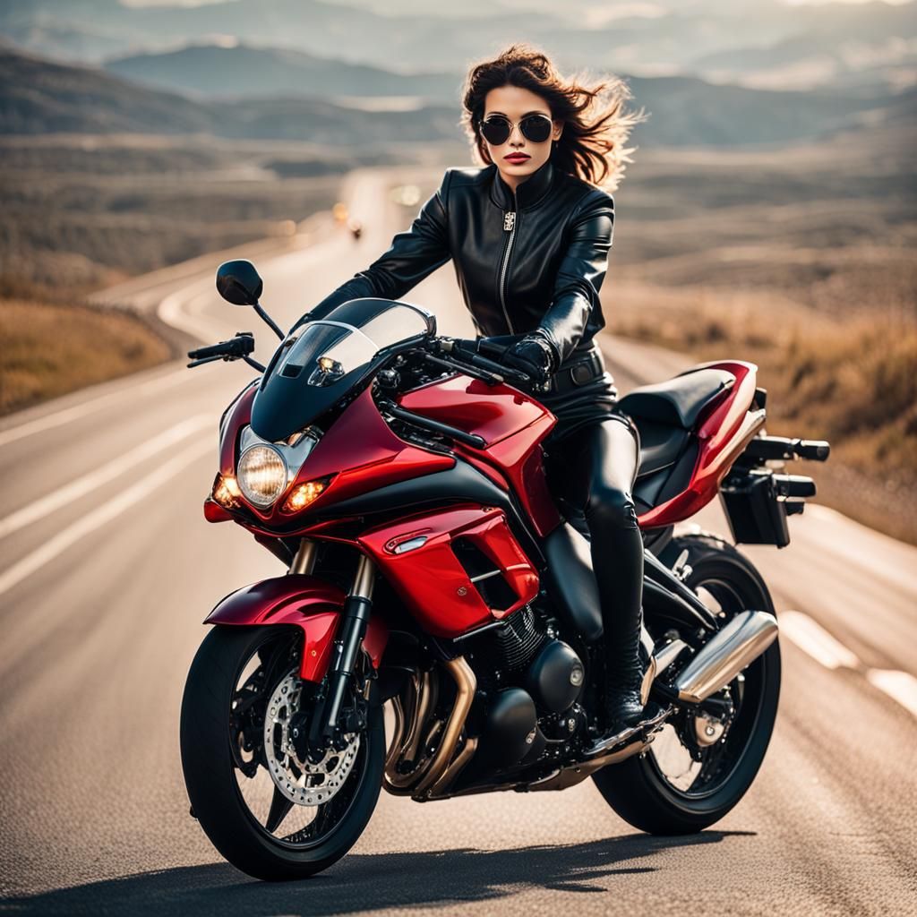 Woman on Motorcycle in High-Fashion Style