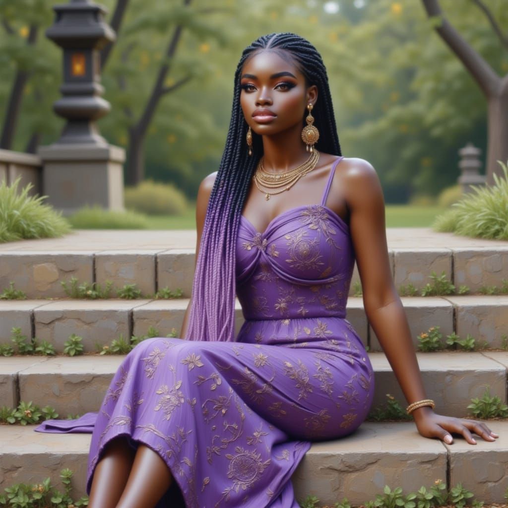 Black Woman in Purple Sundress on Stone Steps