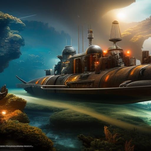 Steampunk Submarine in Underwater Trench: Detailed Matte Pai...