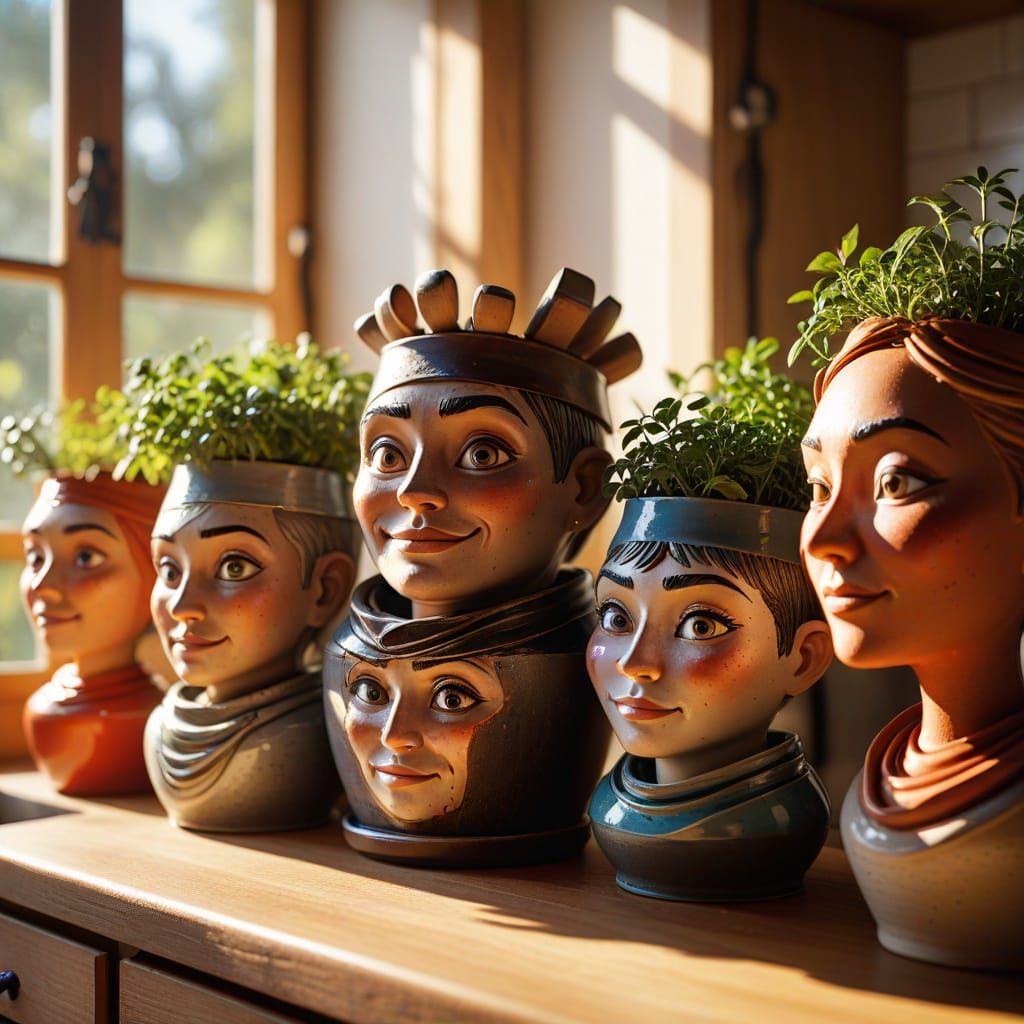Animated Pots Debate in a Sunlit Kitchen Fantasy Art