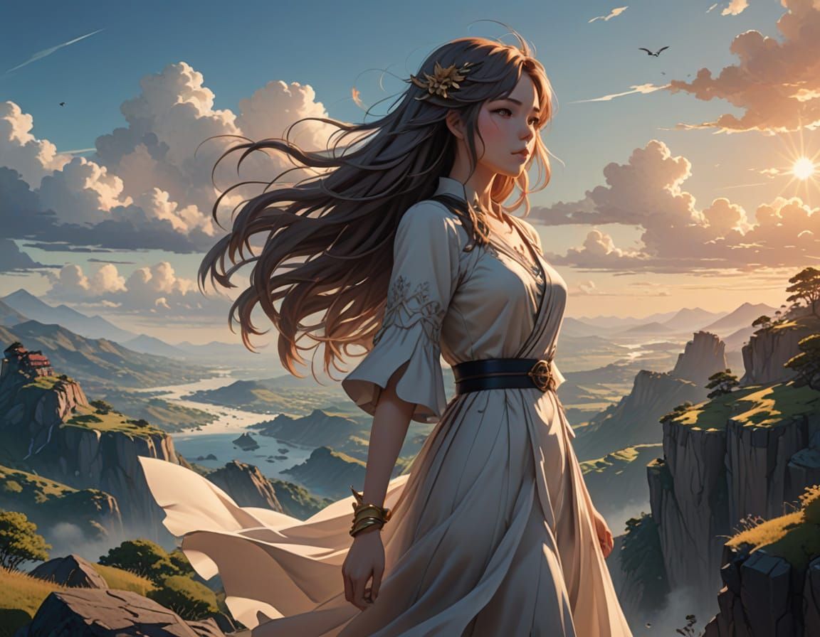 Girl on Cliff's Edge in Anime Style