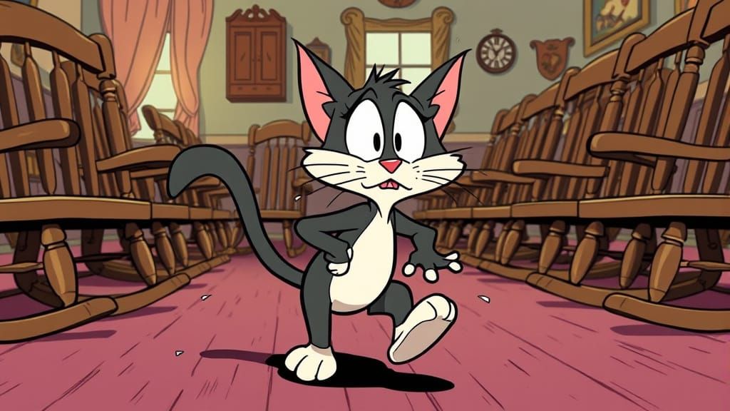 Nervous Cartoon Cat Tiptoeing Through Room as Animation