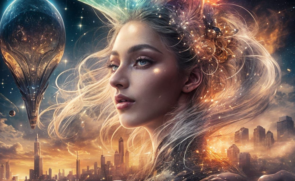 Ethereal Nubian Goddess Over Futuristic City