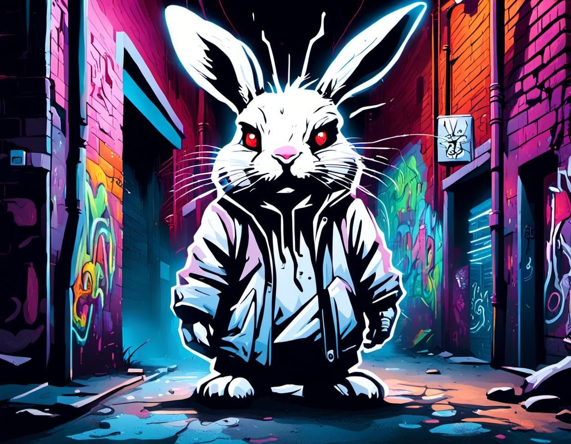 Menacing White Rabbit Mural in Urban Alleyway