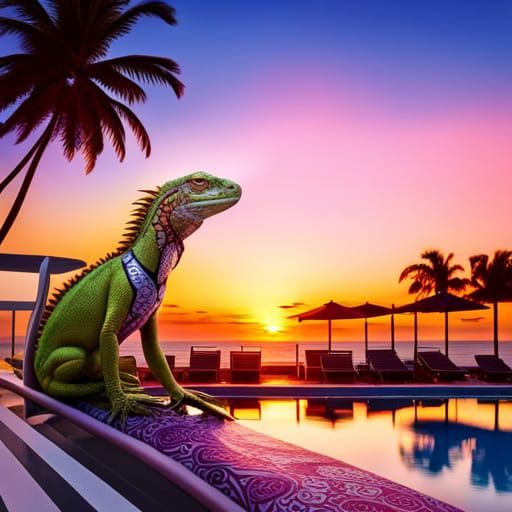 Iguana Lounging Poolside at Sunset in HDR