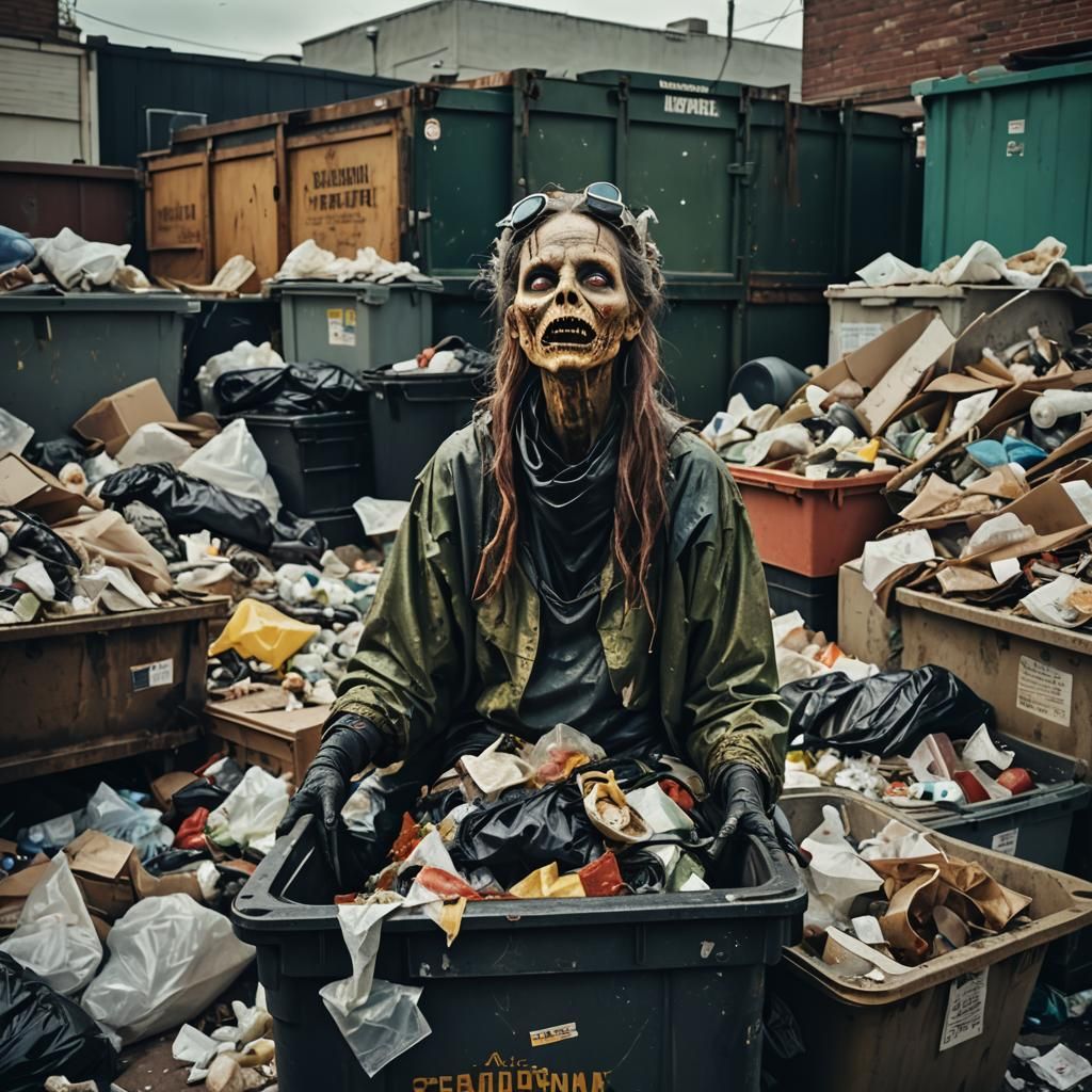 Dramatic Film Still: Grotesque Woman in Dumpster