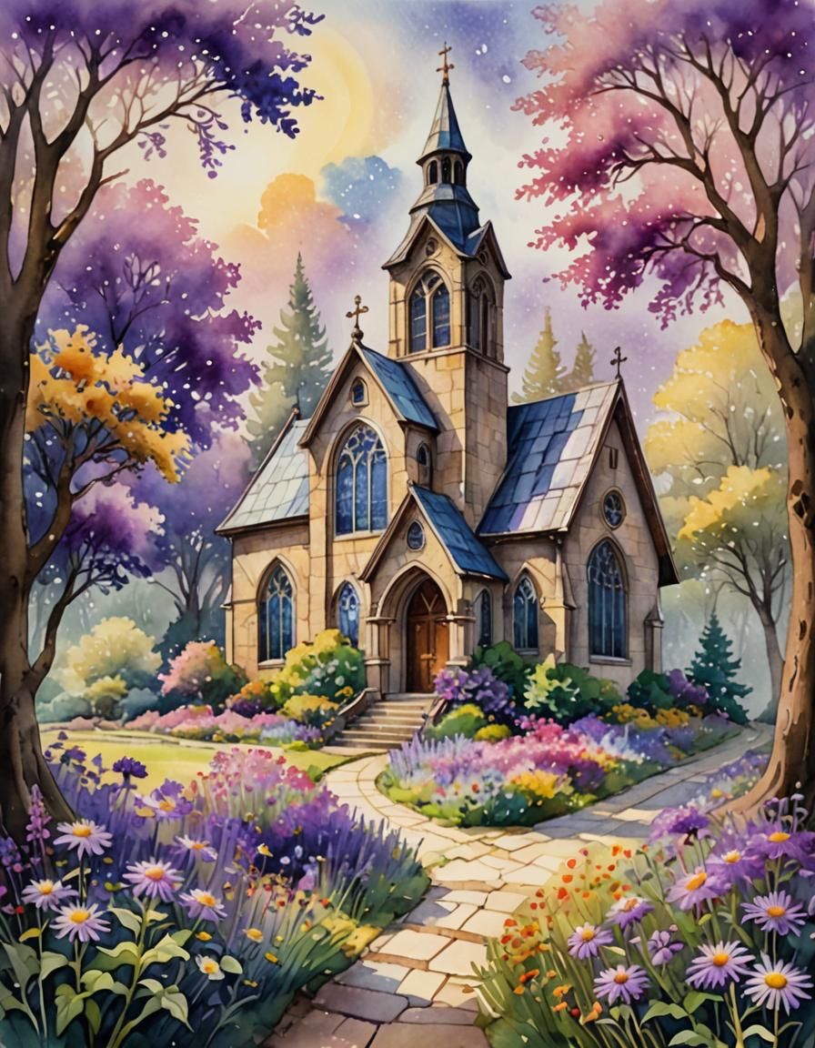 Whimsical Church in Watercolor Fantasy Landscape