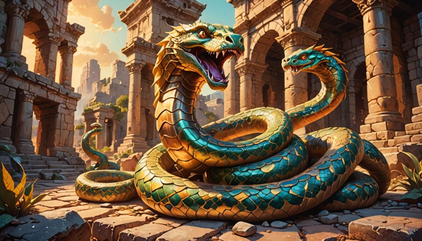 Multi-Headed Serpent Guarding Treasure in Ancient Ruins