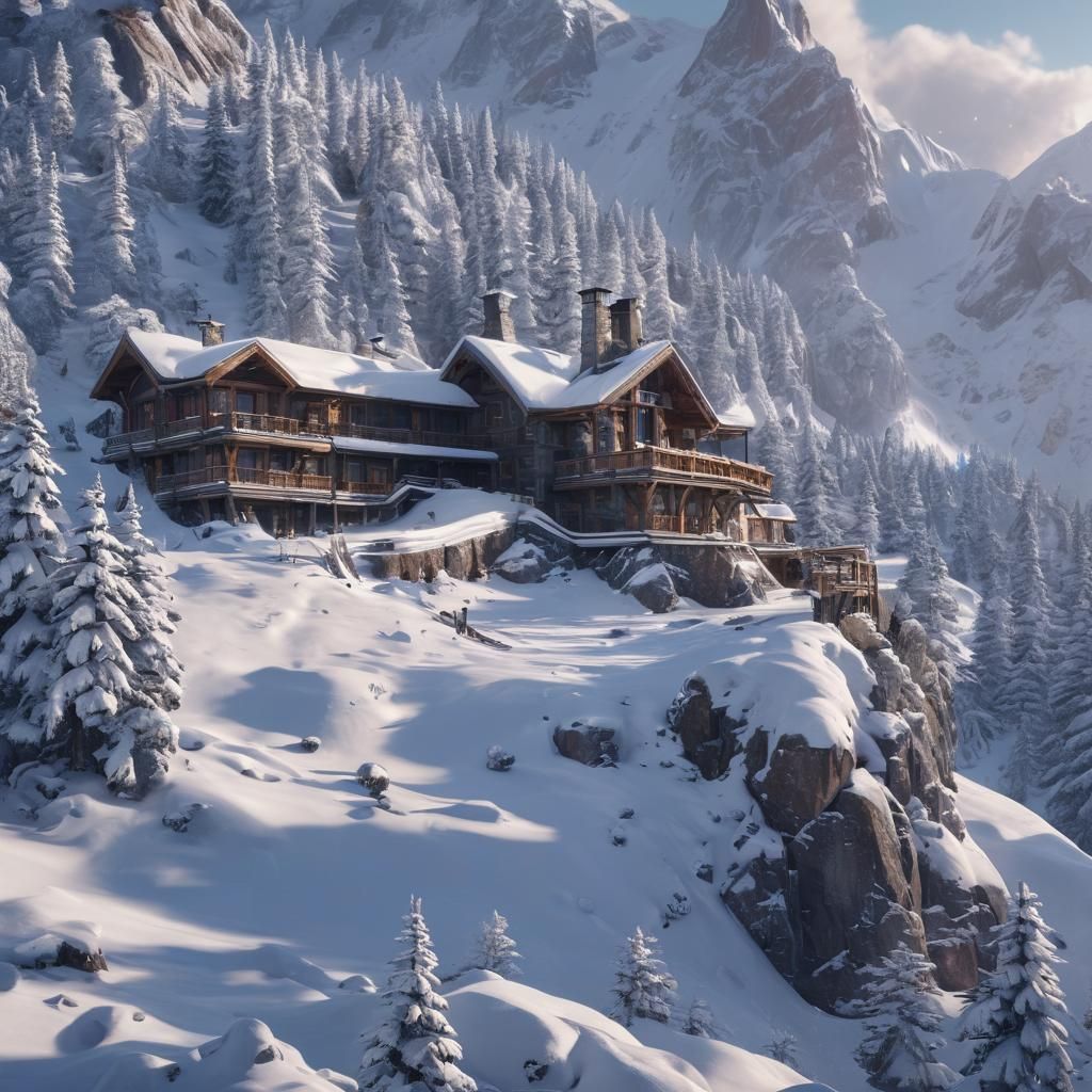 Snowy Mountain Ski Lodge in Detailed Matte Painting