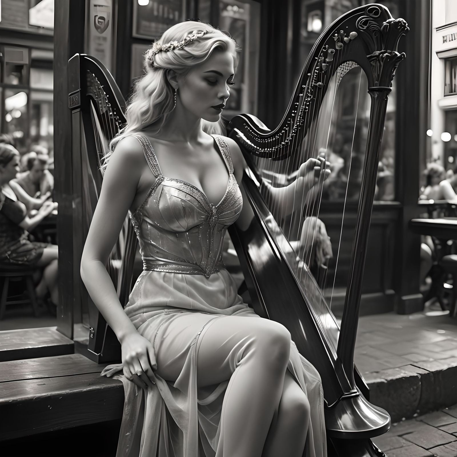 Woman Playing Harp in Black and White Film Still