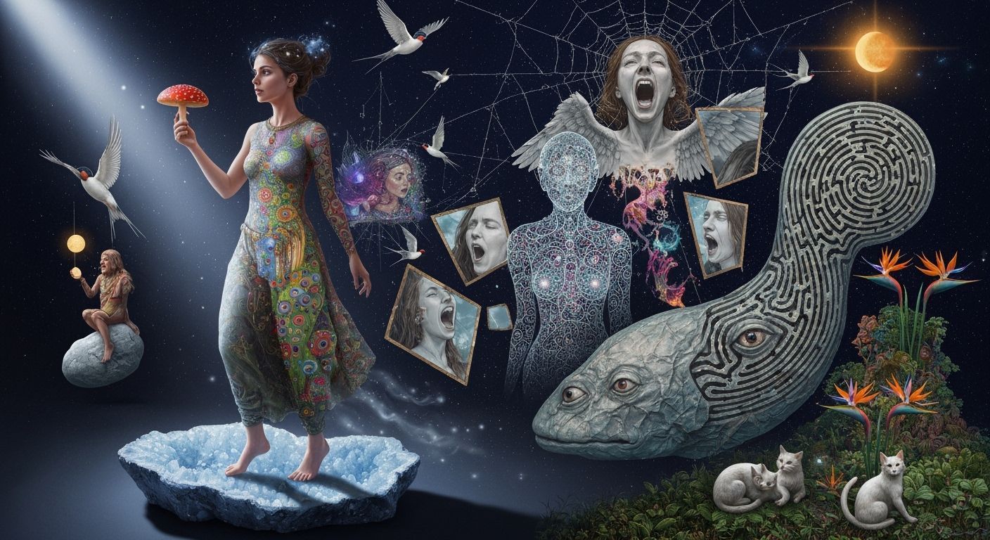 Mystical Woman on Geode Holding Glowing Mushroom